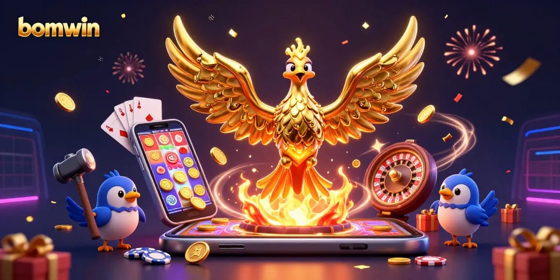 Experience the thrill of bomwin with a golden phoenix and dynamic casino elements.