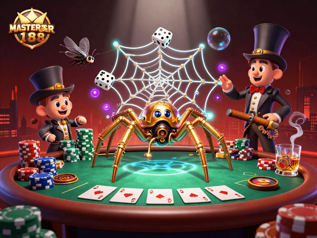 Engage in thrilling gameplay with MASTER188's golden spider and poker elements in a vibrant casino scene.