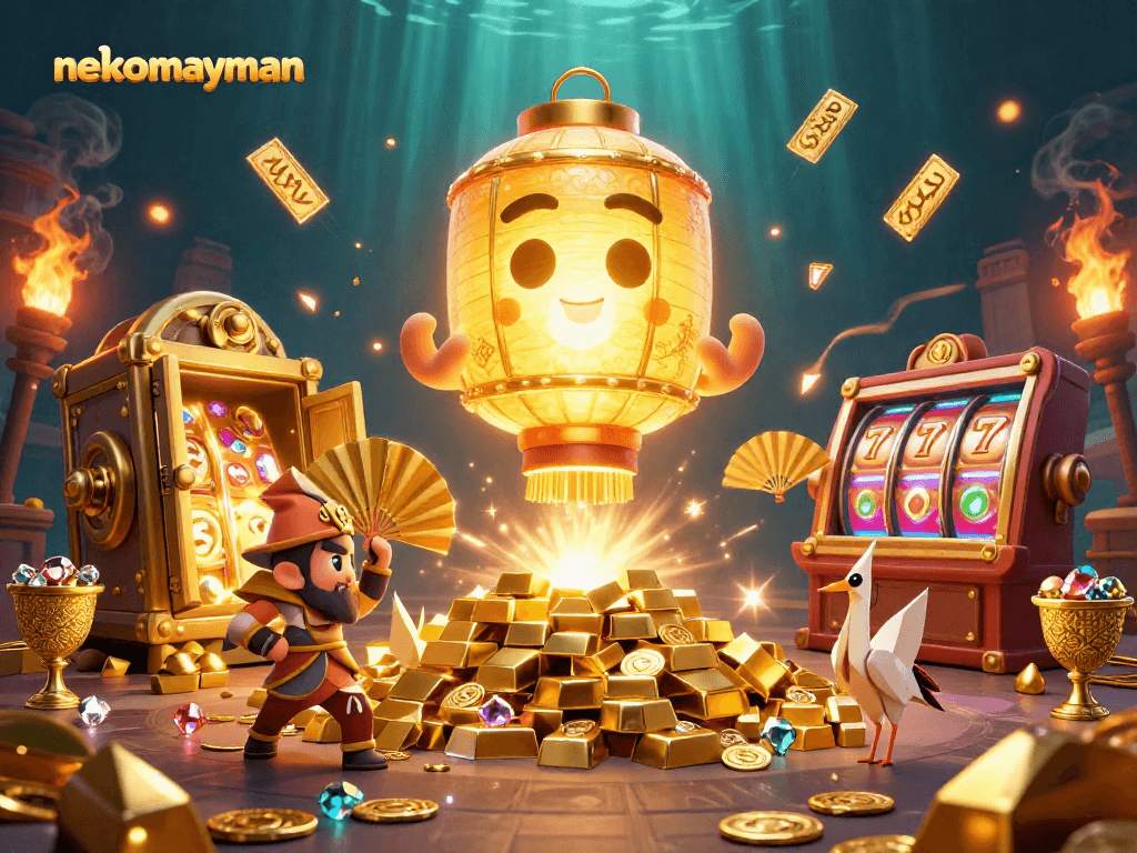 Nekomainman features an enchanting casino scene with golden lantern spirit and dazzling slot elements.