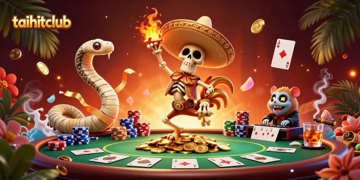 Engage in the vibrant taihitclub festivities with a cartoon mariachi rooster celebrating a poker win.