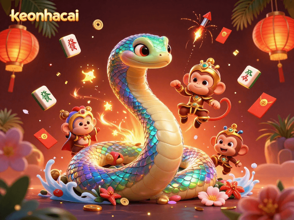 Experience excitement at keonhacai with an enchanting 3D scene of casino elements and vibrant characters.