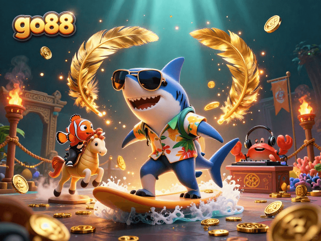 Hãy thưởng thức sân chơi go88 với cá mập và những đồng tiền vàng trong hình ảnh đầy màu sắc.