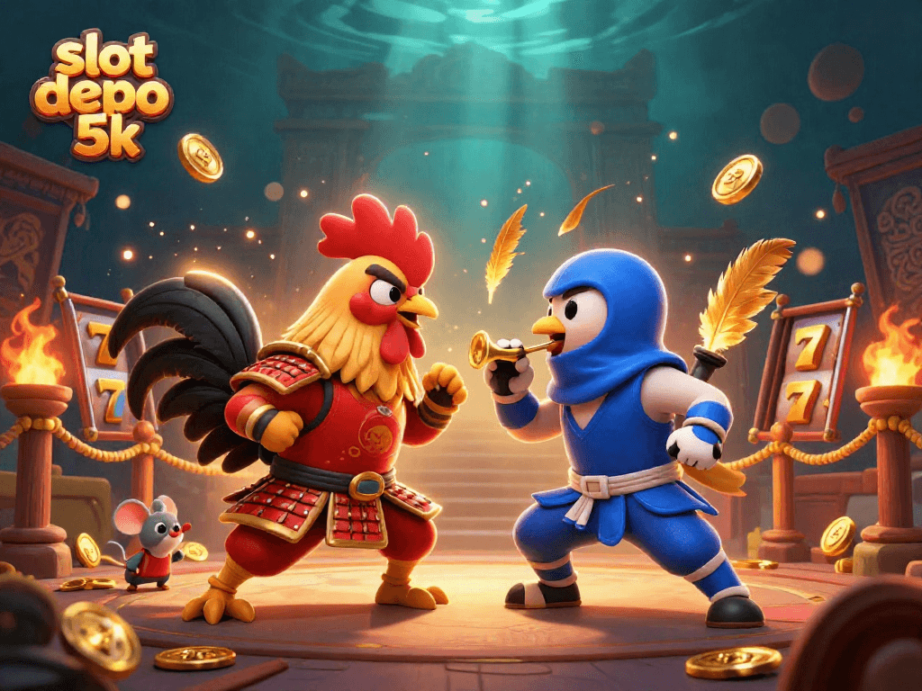Experience thrilling action with slot depo 5k as fighting roosters clash in a dynamic casino scene.