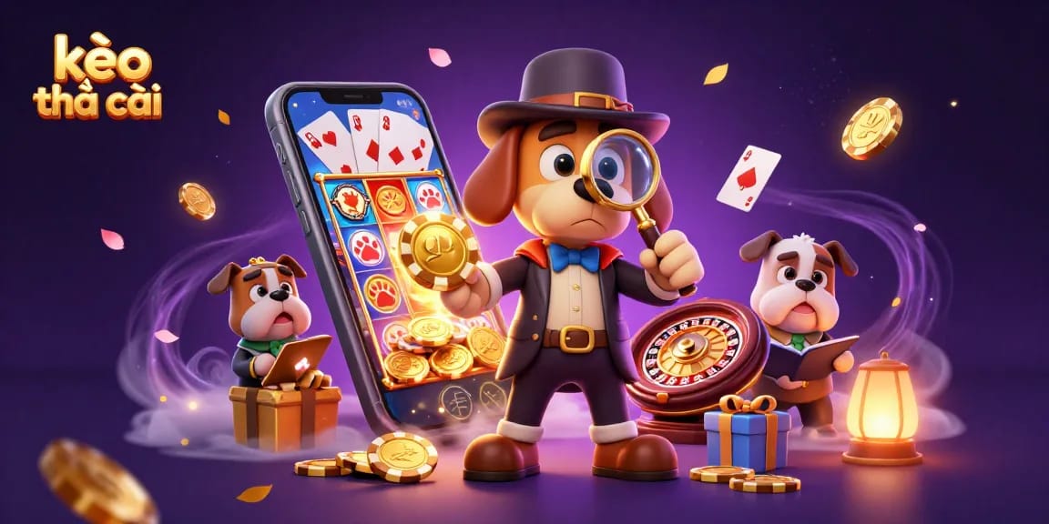 Kèo nhà cái players strategizing in a vibrant casino atmosphere with cartoon detective characters, poker chips, and lively gaming elements.