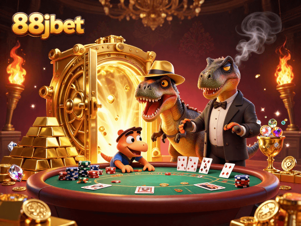 Experience thrilling blackjack action at 88jbet with a clever velociraptor card counter and exciting casino elements.