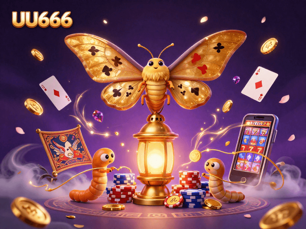 UU666 offers exciting casino dynamics with golden moths and vivid game elements in a lively illustration.