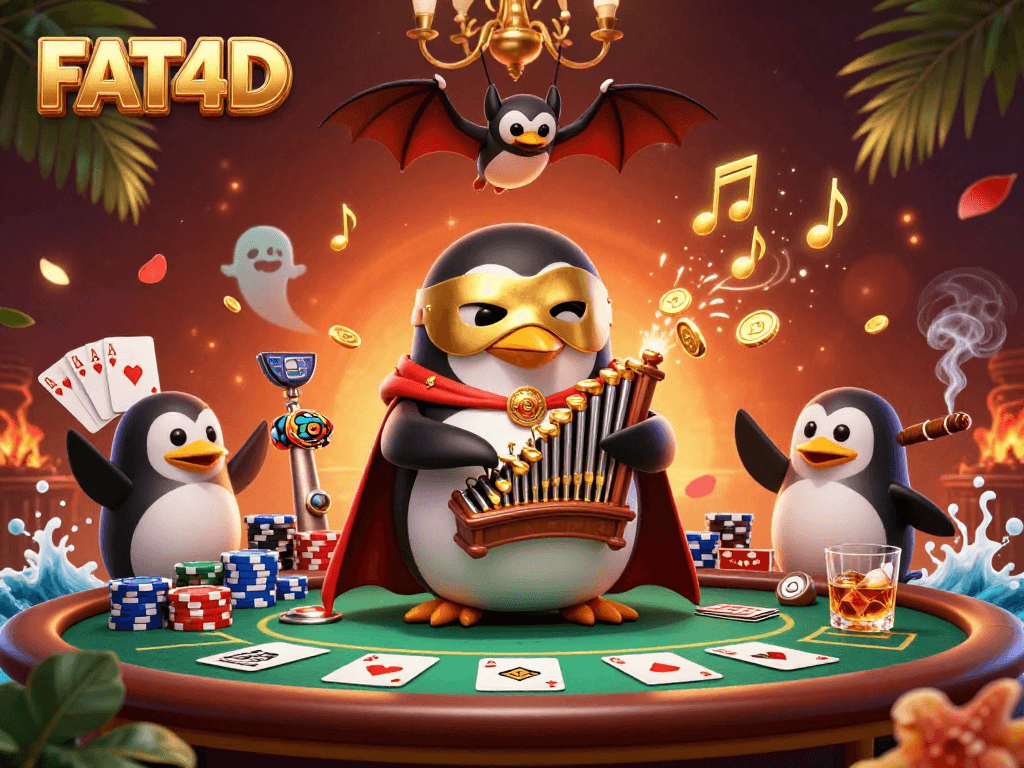 FAT4D showcases a lively scene where a charismatic penguin plays an organ amid a burst of golden coins in a vibrant casino.