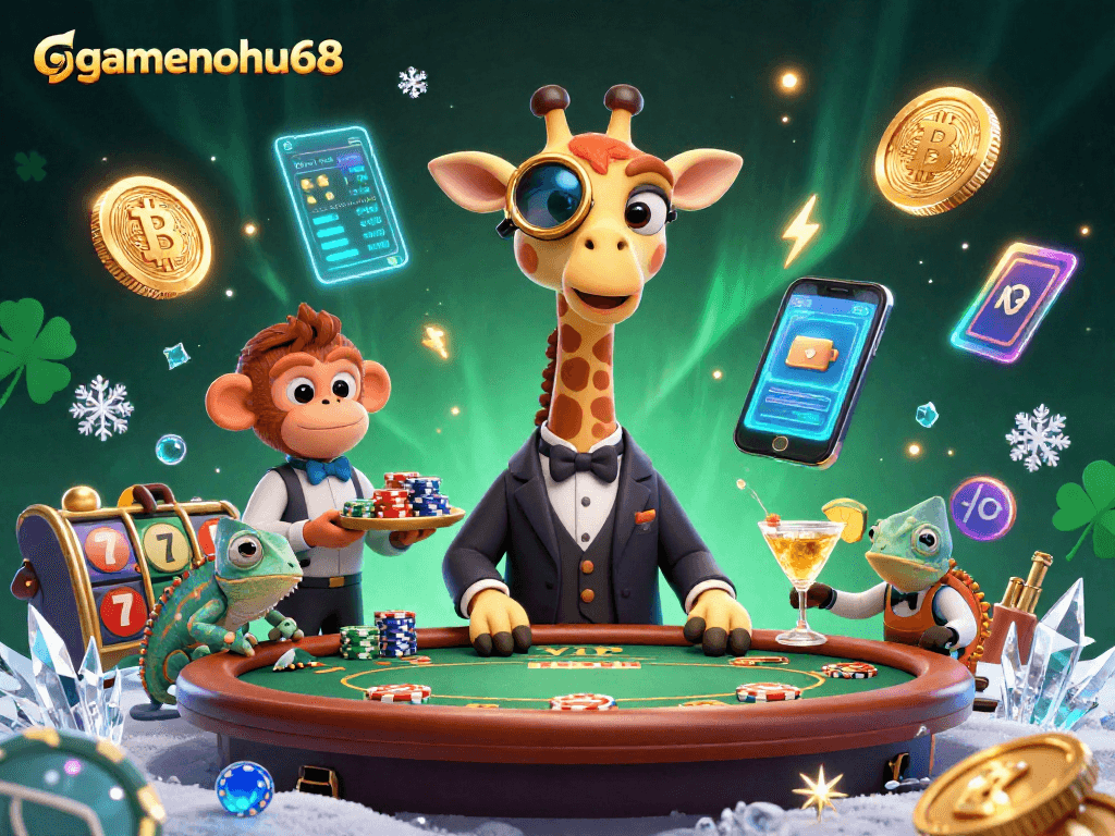 Experience excitement at gamenohu68 with a high-roller giraffe and crypto-themed casino scene.