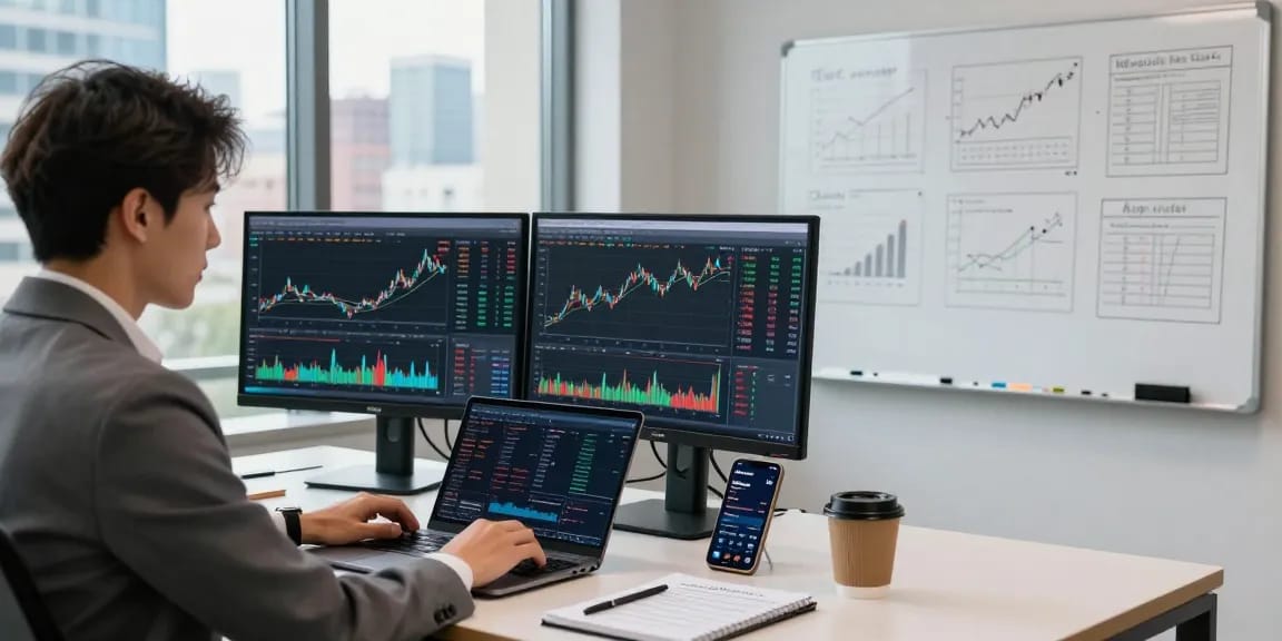 Professional analyzing forex pbn links trends in a modern office.