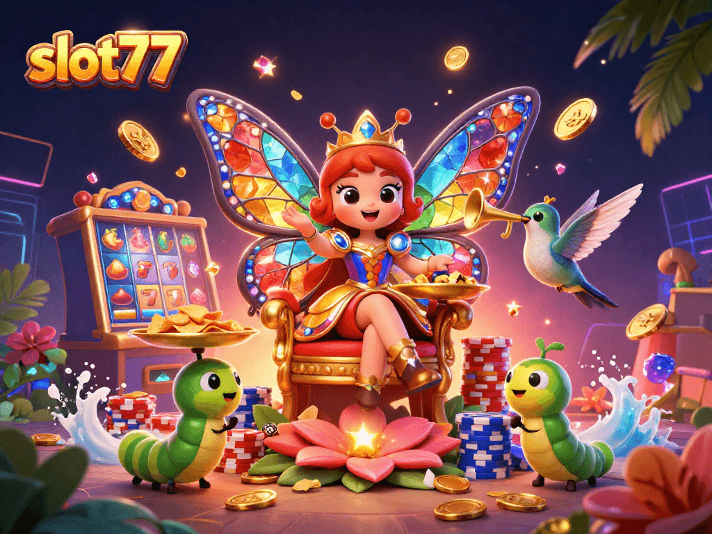 Spin the reels on slot77 with vibrant illustrations of coins, colorful chips, and lucky symbols.