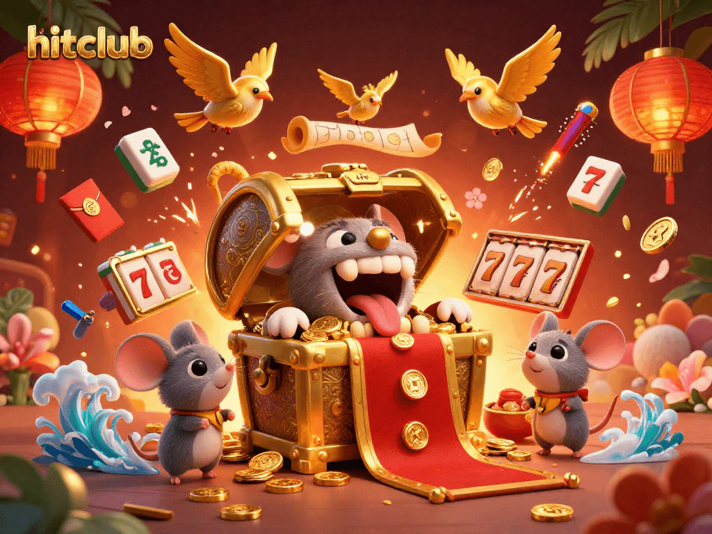 Engage in thrilling slots with hitclub's dynamic treasure scene featuring animated reels and colorful casino elements.