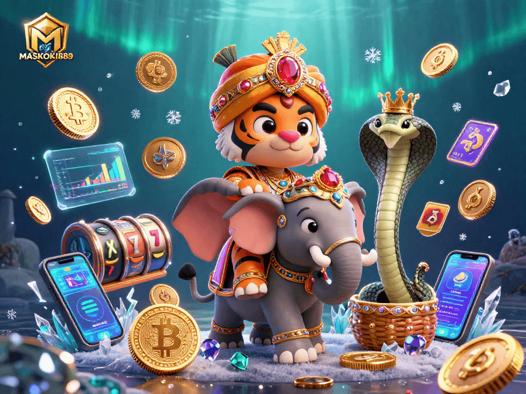 Engage with MASKOKI889's thrilling casino adventure featuring a vibrant 3D maharaja and crypto elements.