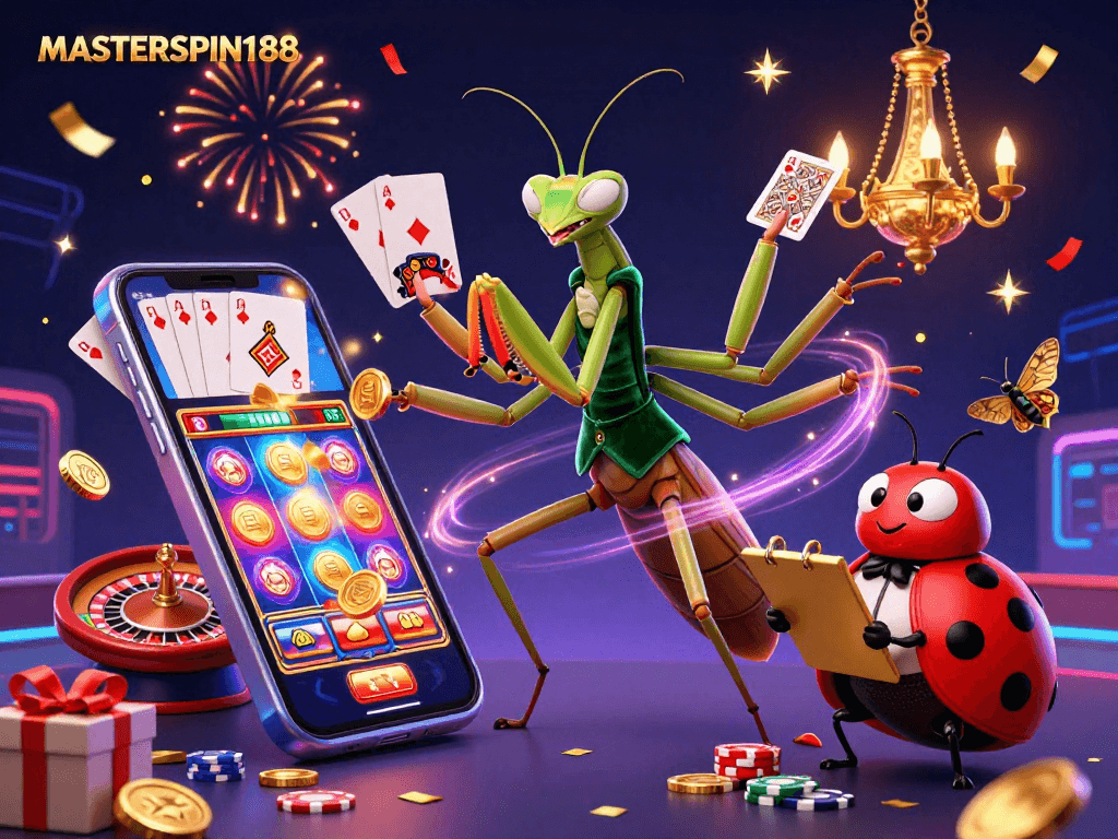 Experience excitement at MASTERSPIN188 with a vibrant 3D casino scene featuring unique characters and dynamic game elements.