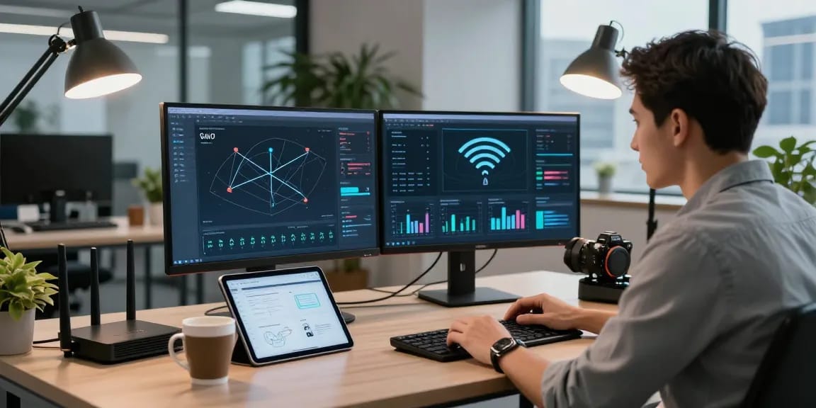 Analisis kinerja wifi4d di ruang kerja modern dengan layar ganda dan perangkat tanpa kabel.