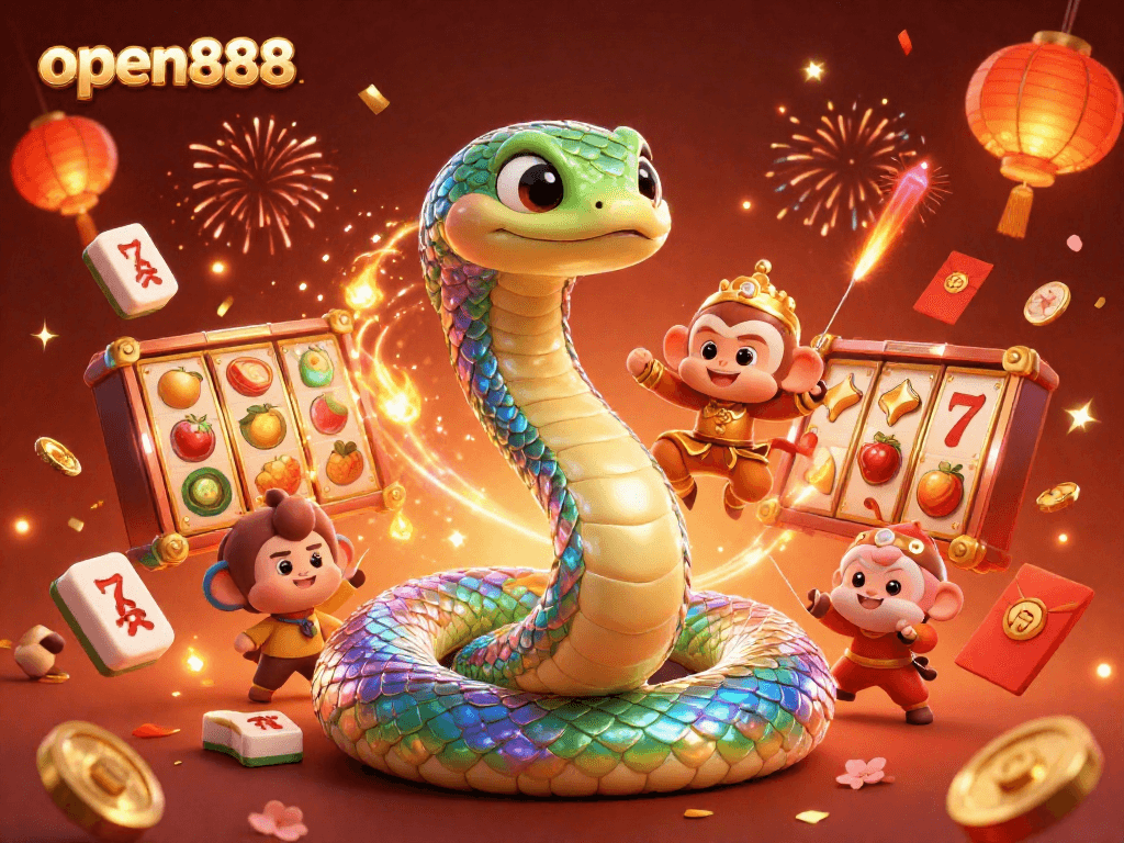 Experience the excitement of open888 as magical creatures celebrate with spinning slots and vibrant elements.