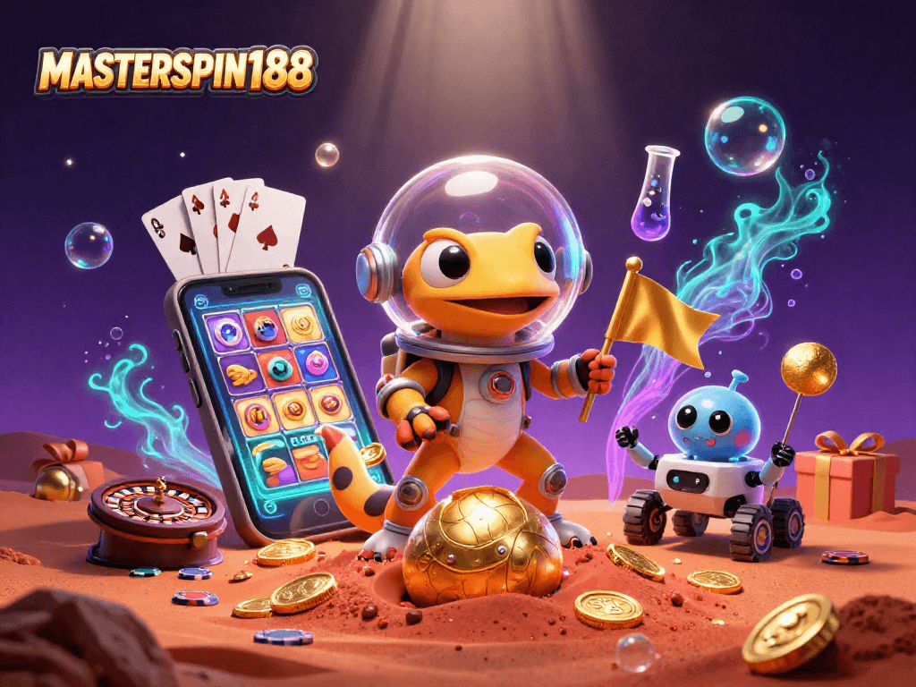 Engage in thrilling adventures with MASTERSPIN188 while exploring a vibrant 3D casino on Mars.