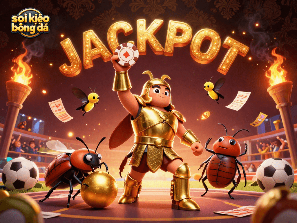 Engage in thrilling soi kèo bóng đá action with a victorious beetle raising a poker chip above a vibrant sports scene.