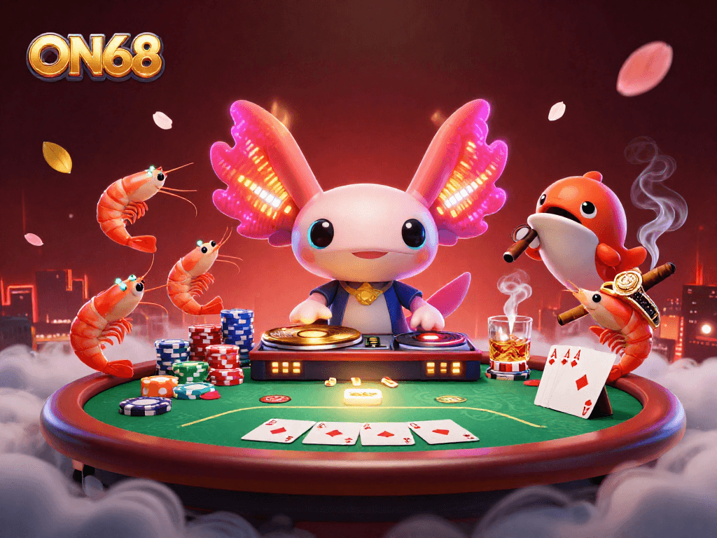 Experience the excitement at ON68 with a neon axolotl DJ celebrating diverse gaming options.