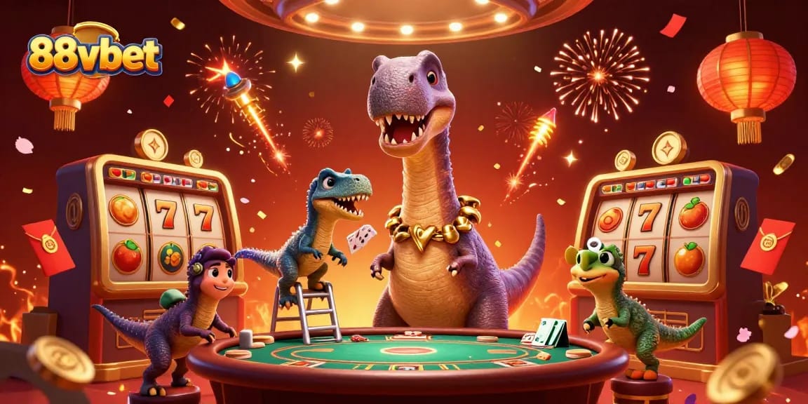 88vbet lively casino scene featuring a brontosaurus and raptor amid slot game elements and celebration