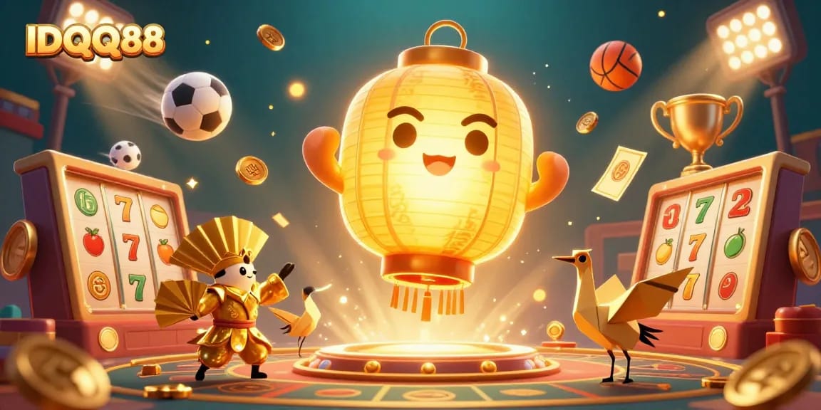 IDQQ88 showcases a vibrant casino scene with a glowing lantern spirit and dynamic slot elements.