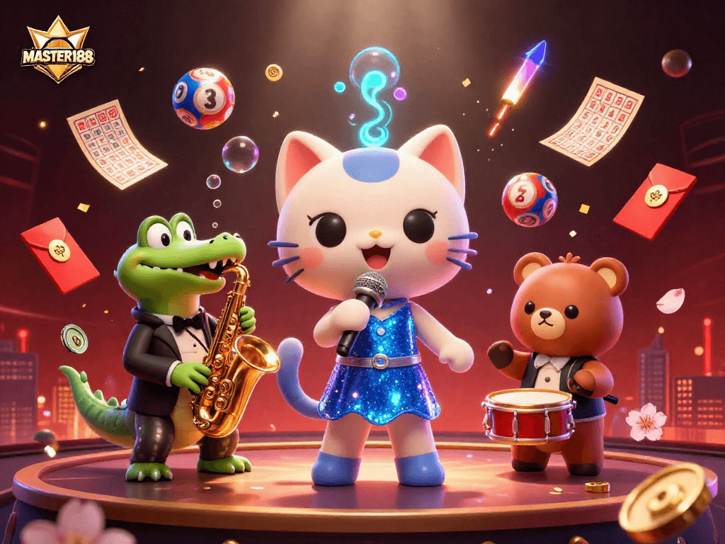 Win big with MASTER188: vibrant lottery scene featuring 3D cartoon characters celebrating