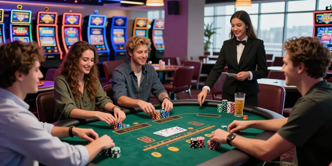 Group of friends playing lucky77 at a buzzing casino table, capturing vibrant energy.