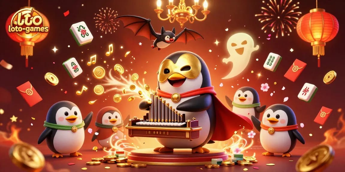 Loto-games showcase a vibrant casino scene with a penguin organist and bat acrobat amidst floating gold elements.