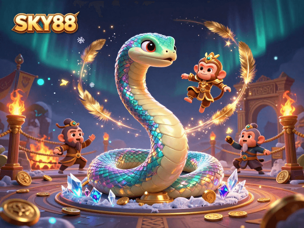 Engage in thrilling gaming at SKY88 with vibrant characters and casino elements in a rich 3D illustration.