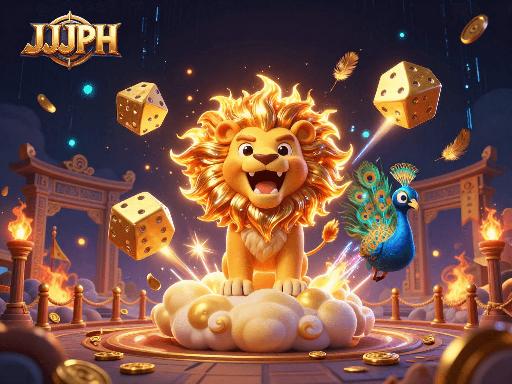 Magandang illustasyon ng JJJPH na nagtatampok ng 3D cartoon lion sa casino na may mga dice at barya.