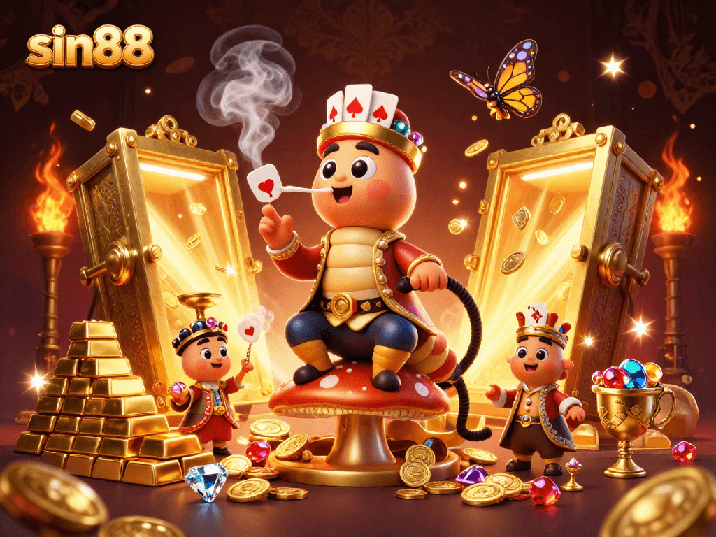 Experience thrilling gameplay with sin88, where a vibrant caterpillar and opulent treasures create a stunning casino atmosphere.