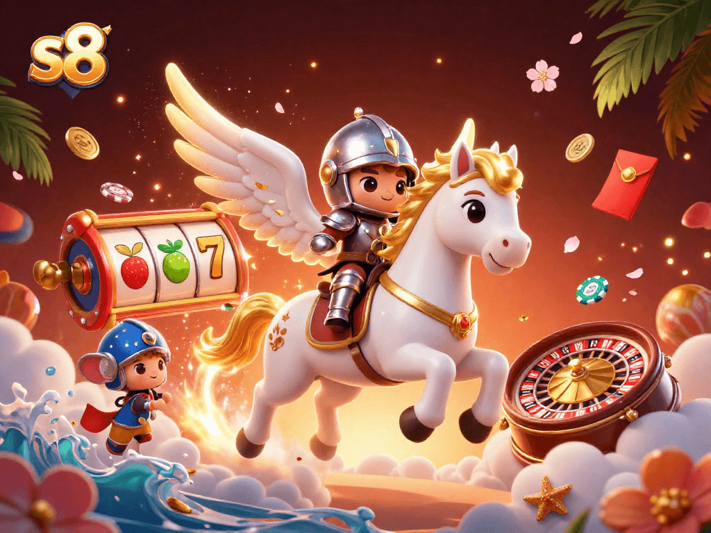 Engage with thrilling s8 casino games depicted in a vibrant illustrative scene filled with dynamic characters.