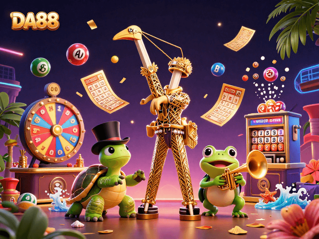 Experience thrilling gaming at DA88 with vibrant lottery elements and lively characters.