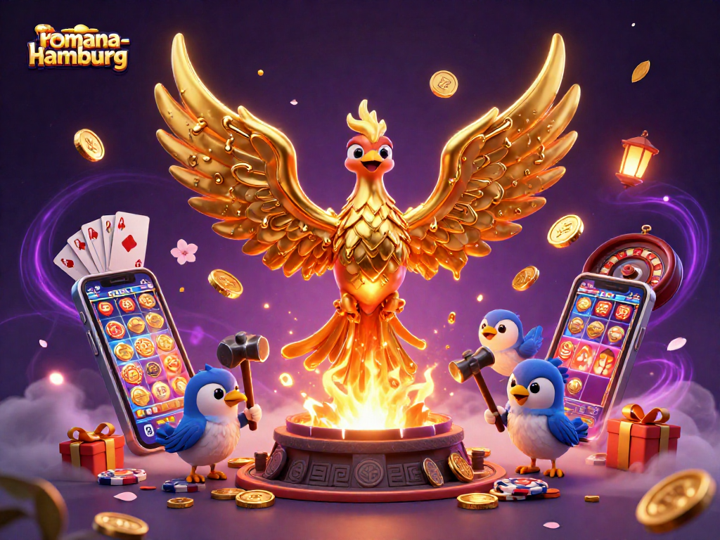 Experience romana-hamburg's vibrant gaming scene, featuring a glowing phoenix and casino elements.
