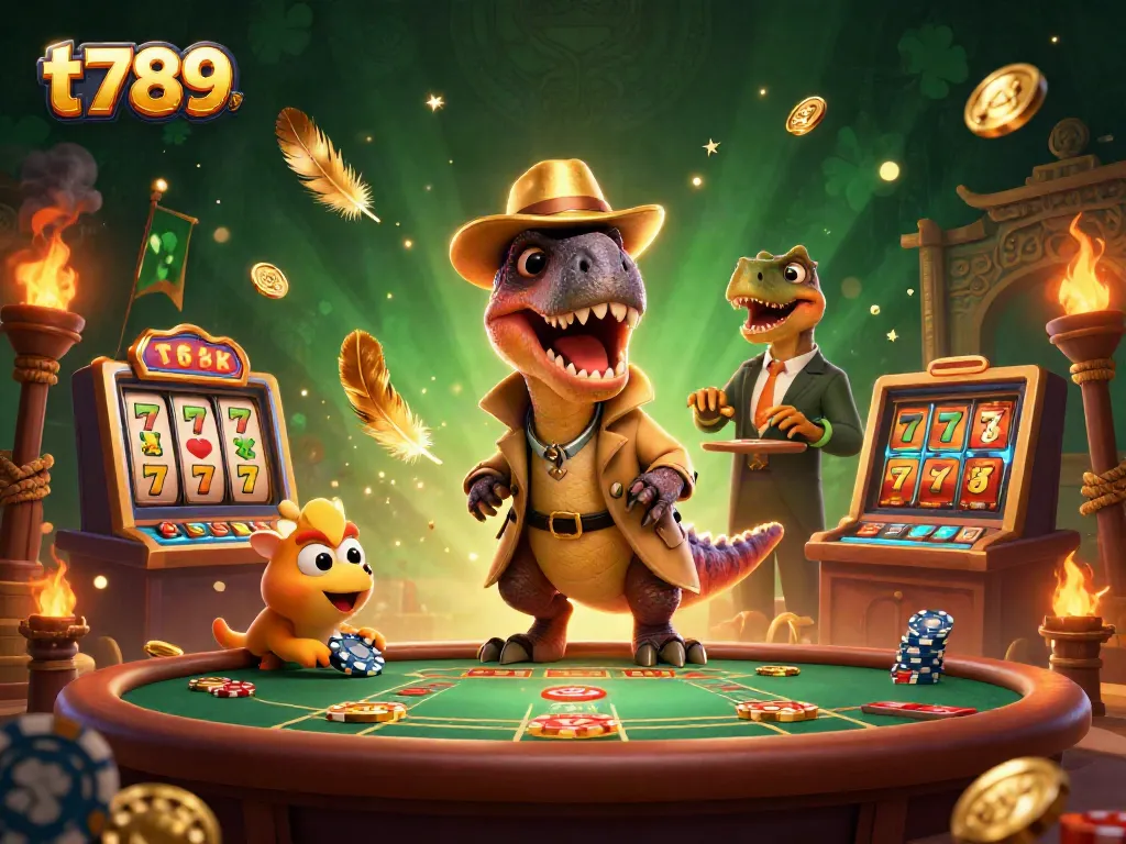 Experience thrilling gaming with t789, featuring a velociraptor and characters at a vibrant blackjack table.