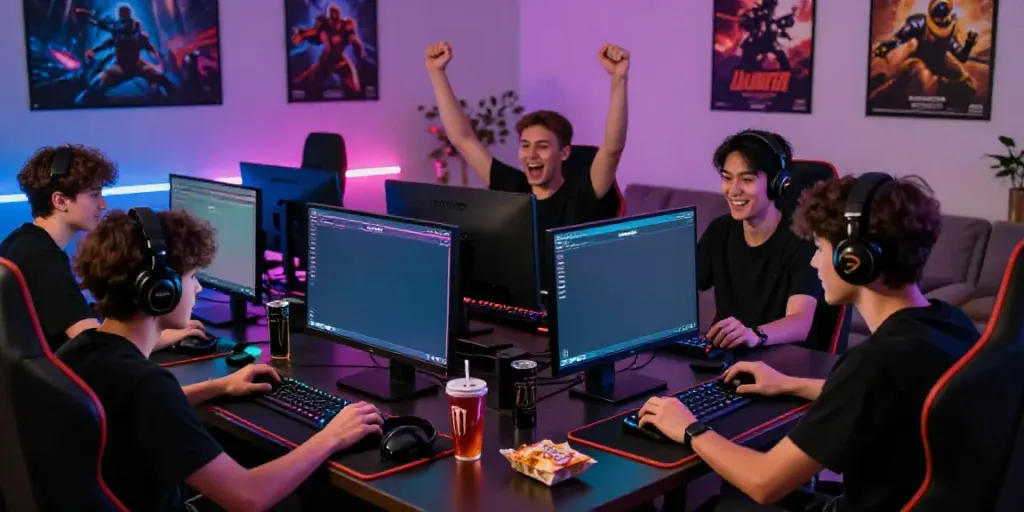 Exciting gaming atmosphere with friends enjoying loket88 gameplay together.