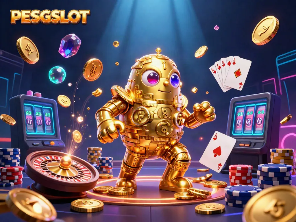 Gambarlah PESGSLOT dengan golem emas dan simbal slot yang menari di sekitar koin emas dan permata.