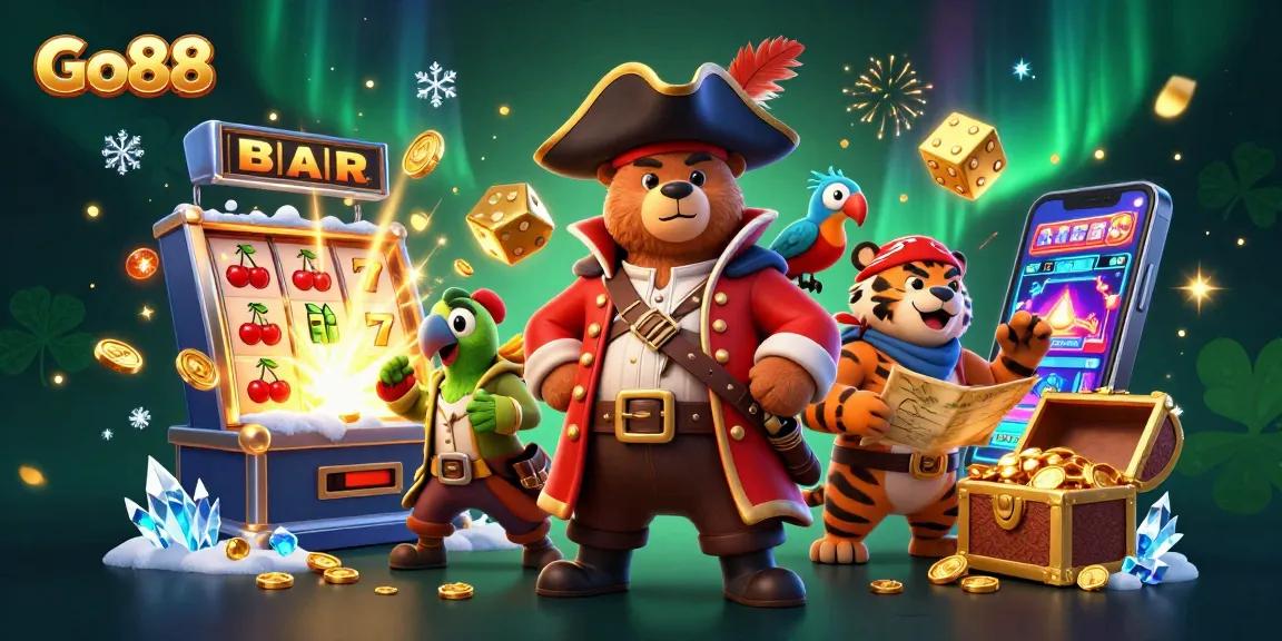 Experience the excitement of Go88 with a vibrant 3D casino scene featuring cartoon characters and jackpot elements.