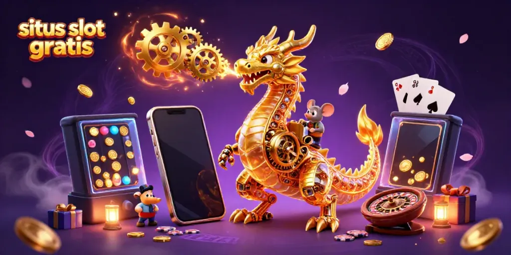 Experience situs slot gratis with a mesmerizing golden dragon and engaging slot game elements in a magical casino setting.