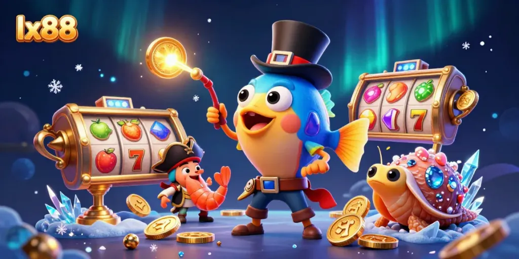 Experience thrilling wins with lx88's vibrant casino slots, featuring an anglerfish attracting golden coins.