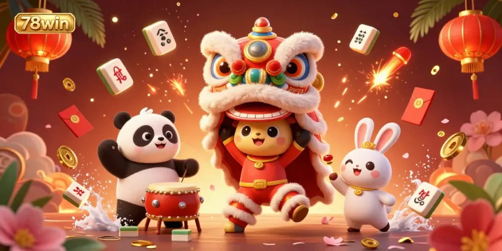 Engage with the vibrant world of 78win where a lively lion dance unfolds amidst floating gaming elements and celebratory decorations.