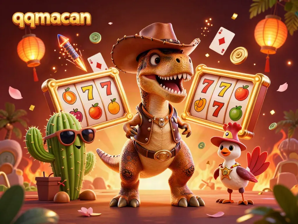 Engage with qqmacan's vibrant casino world featuring a T-Rex, cactus, and roadrunner in a dynamic 3D scene.