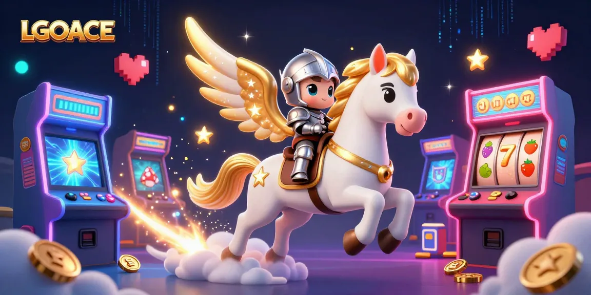 LGOACE showcases a celestial horse and knight amid vibrant casino elements like slot reels and neon arcade machines.