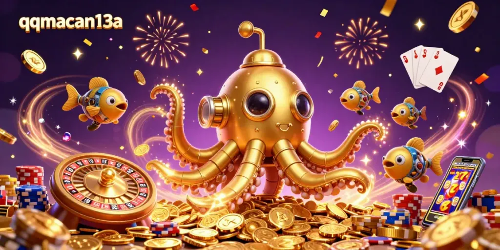 Experience the thrill at qqmacan13a with a dynamic 3D scene of lucky gaming elements, golden treasures, and rich casino gameplay.
