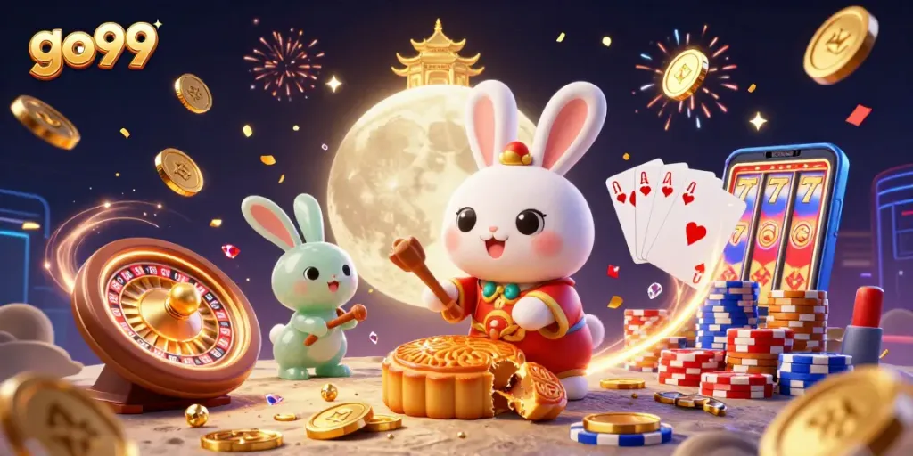 Experience the thrill of go99 with cascading coins and a magical moon rabbit fantasy on the lunar surface.