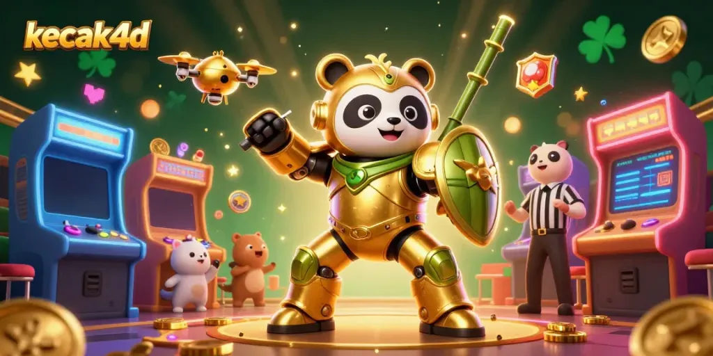 Kecak4d showcases a vibrant, dynamic casino arena featuring a golden panda in a mech-suit amidst colorful game machines.