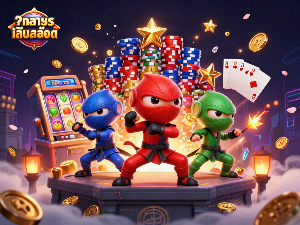 Experience ทดลองเล่นสล็อต with a dynamic chameleon ninja team amidst cascading coins and slot visuals.