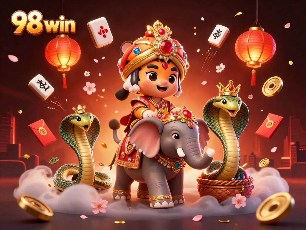Engage in thrilling gameplay at 98 win with vibrant visuals of a majestic elephant, tiger, and lucky treasures.
