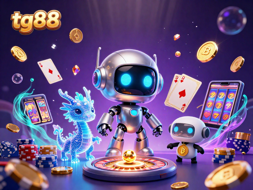Engage with tg88's vibrant casino scene showcasing a cyberpunk robot mascot amidst flying coins and colorful poker chips.