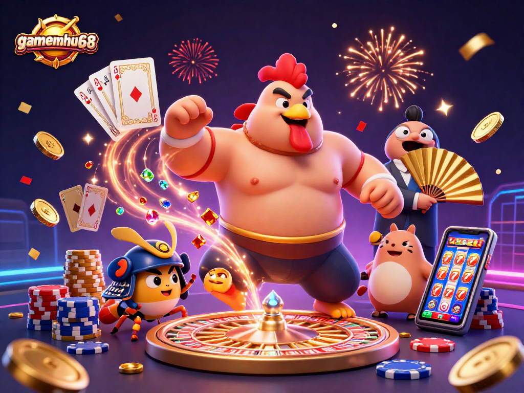 Experience the excitement of gamenohu68 with a vibrant 3D casino scene featuring a powerful sumo wrestler rooster.