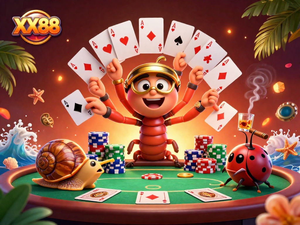 XX88 players enjoy a thrilling game with a cartoon millipede dealer amidst colorful poker chips.